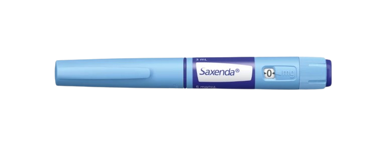 En återanvändbar injektionspenna för Saxenda, blå i färgen, med en dos av 0,6 mg/mL.